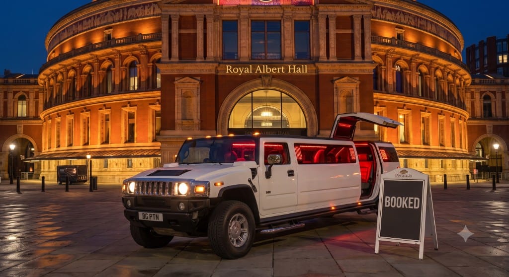 White Hummer H2 stretch limousine with a door raised, at night