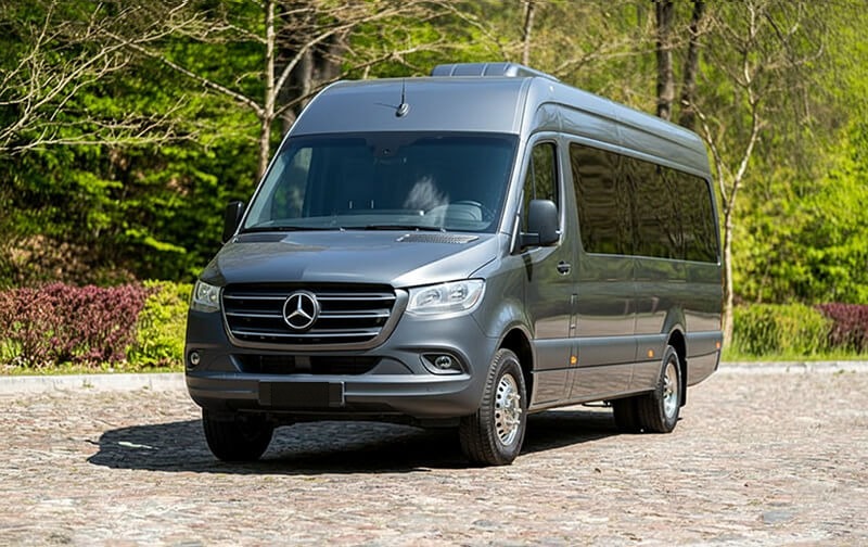 Gray Mercedes-Benz Sprinter minibus, front three-quarter view
